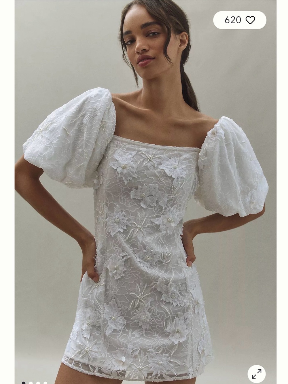 BHLDN 3D Floral Removable Puff-Sleeve Mini Dress Small